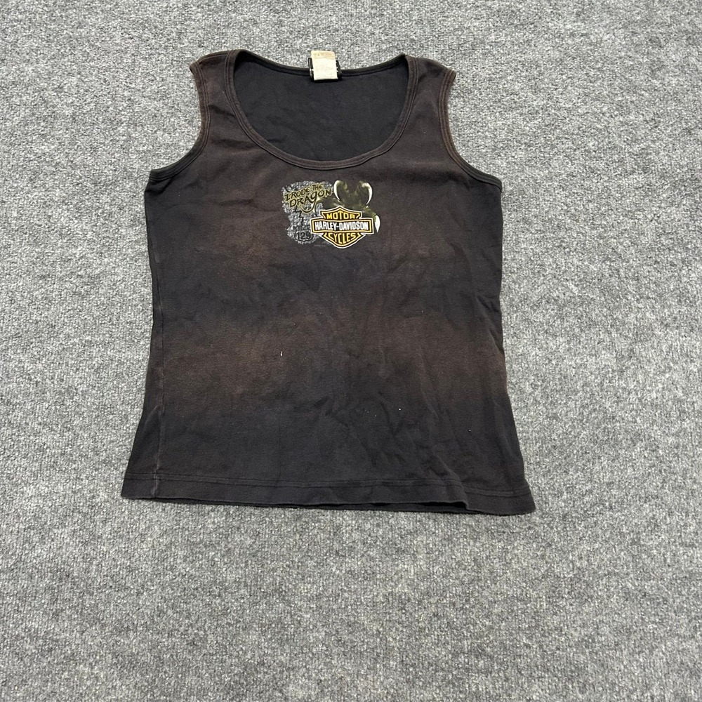 Harley-Davidson Tank Top Womens Size L Black Smoky Mountain Dragon Faded Cotton